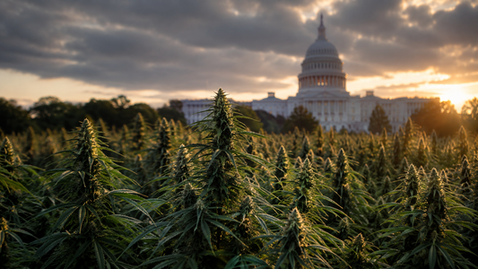 Flowering hemp field in front of the U.S. Capitol representing the 2026 federal hemp deadline