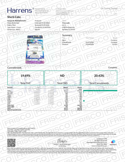 1/4 Pound -  Sherb Cake THCA Strain Frisco Labs