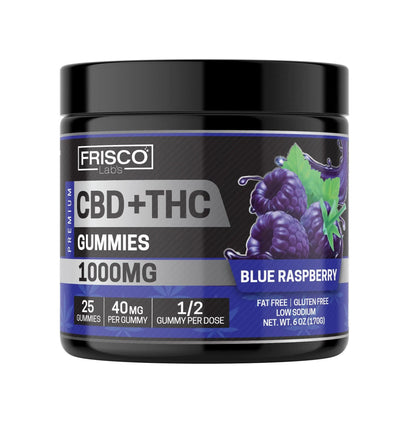 CBD+THC Gummies, Blue Raspberry - 1000mg | 25 Pcs Gummies Frisco Labs