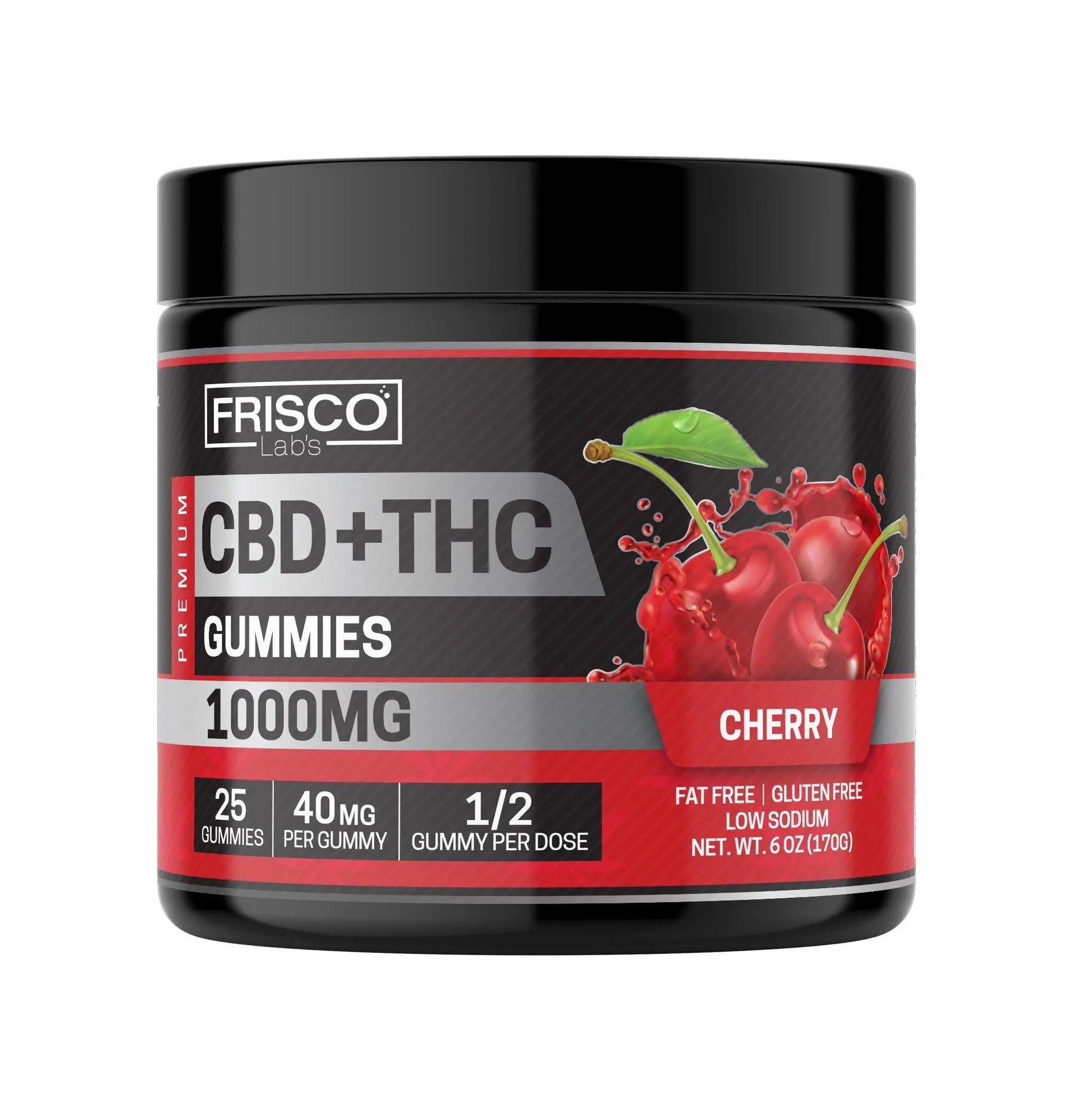 CBD+THC Gummies, Cherry - 1000mg | 25 Pcs Gummies - Frisco Labs