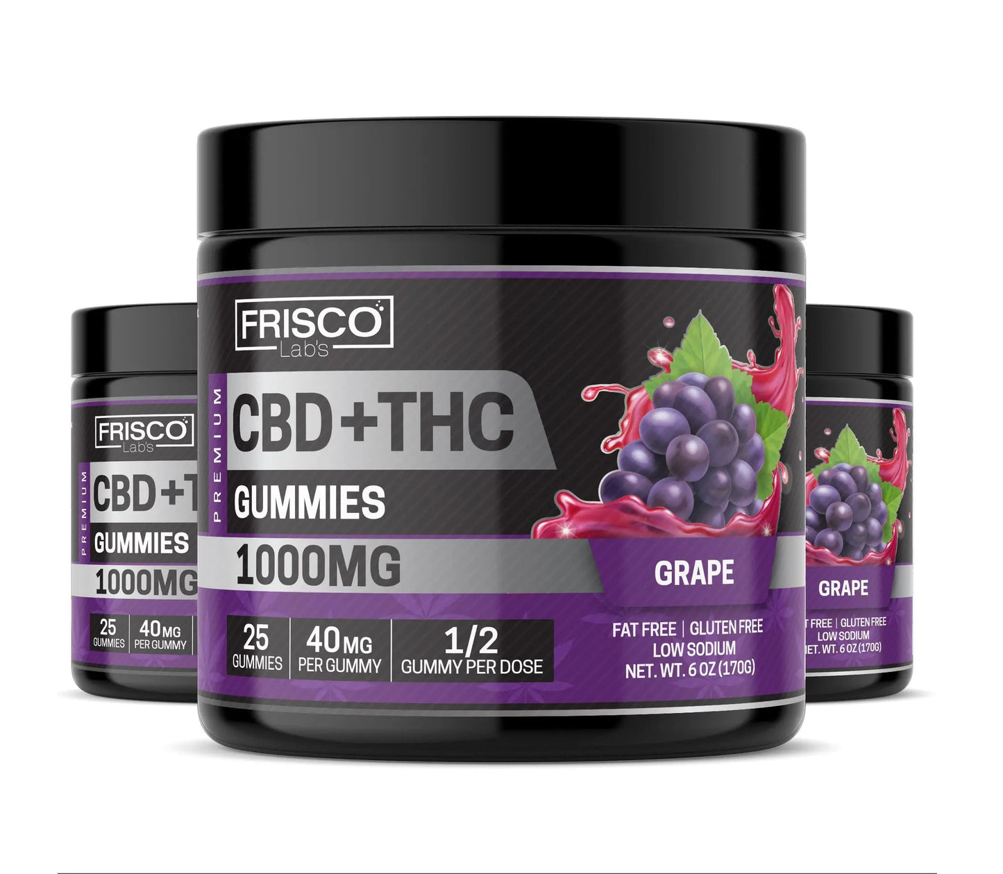 CBD+THC Gummies, Grape - 1000mg | 25 Pcs Gummies - Frisco Labs