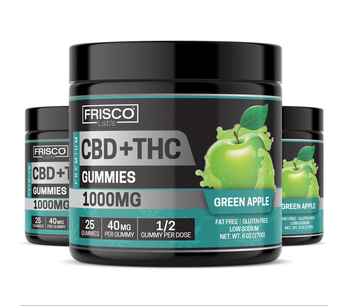 CBD+THC Gummies, Green Apple - 1000mg | 25 Pcs Gummies Frisco Labs