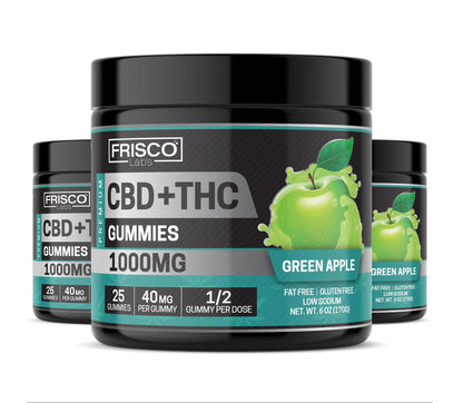 CBD+THC Gummies, Green Apple - 1000mg | 25 Pcs Gummies Frisco Labs