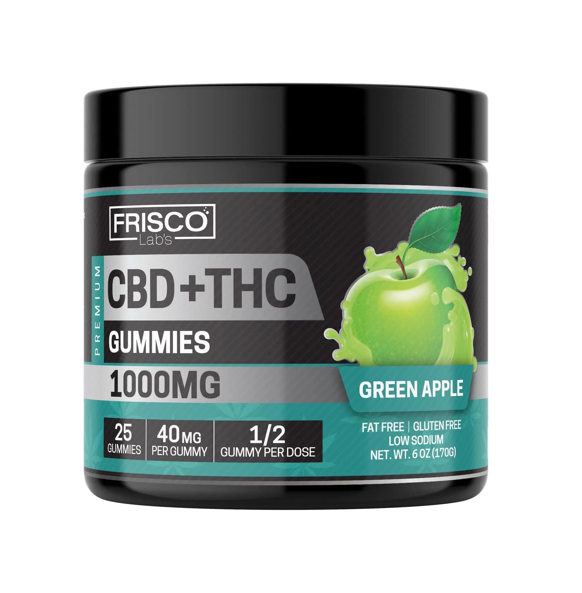 CBD+THC Gummies, Green Apple - 1000mg | 25 Pcs Gummies Frisco Labs