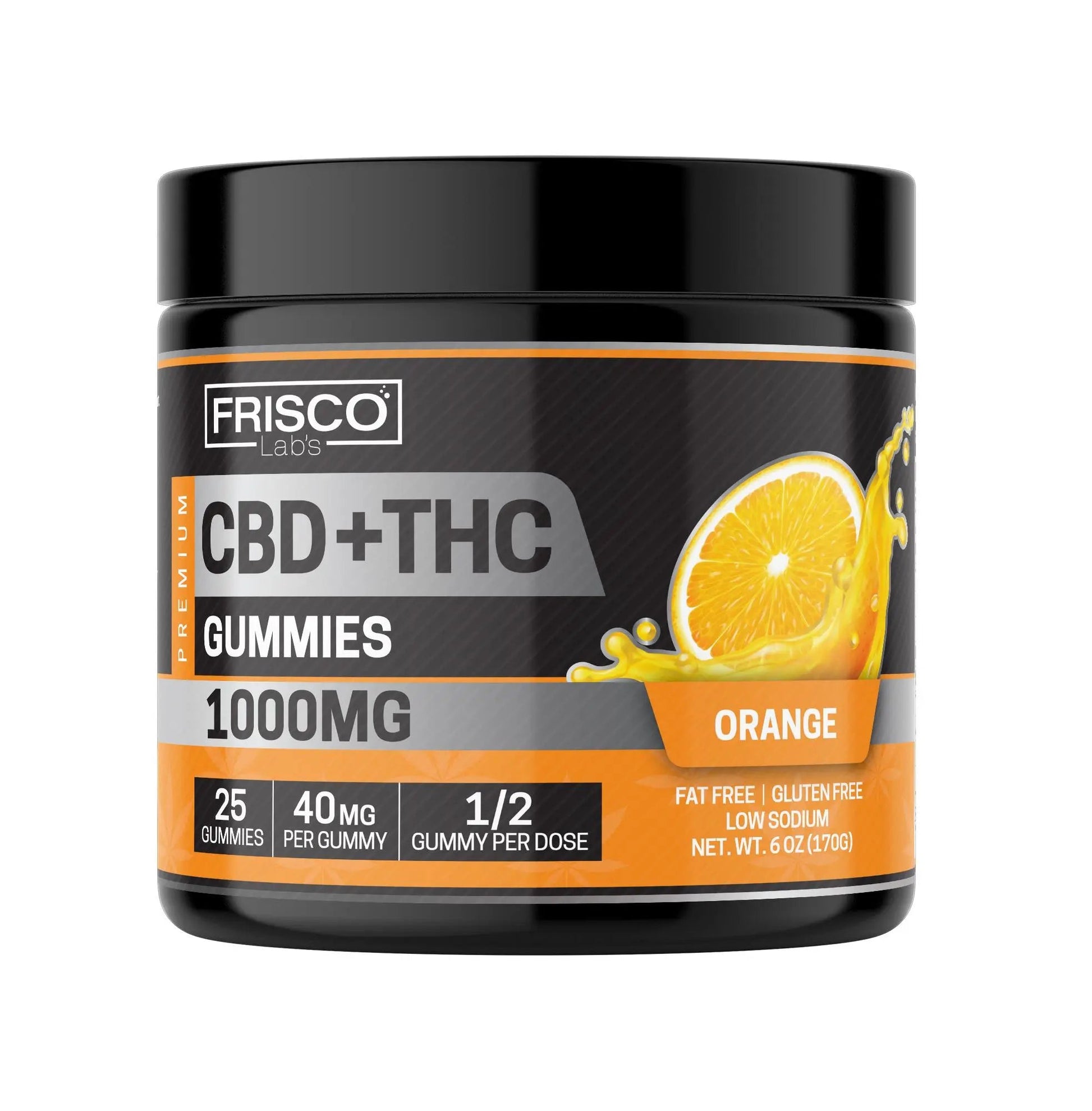 CBD+THC Gummies, Orange - 1000mg | 25 Pcs Gummies Frisco Labs