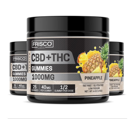 CBD+THC Gummies, Pineapple - 1000mg | 25 Pcs Gummies - Frisco Labs