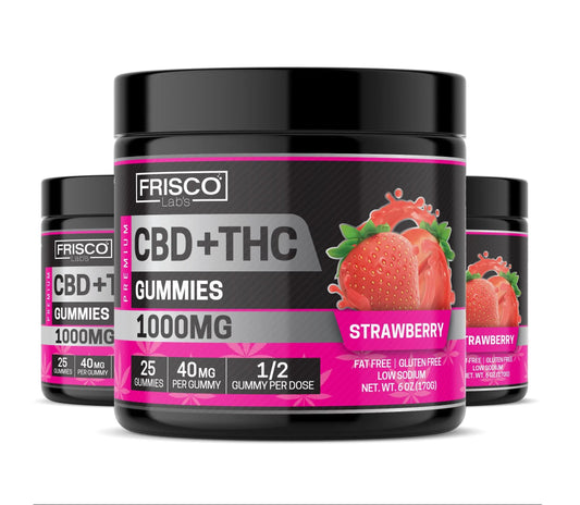 CBD+THC Gummies, Strawberry - 1000mg | 25 Pcs Gummies - Frisco Labs